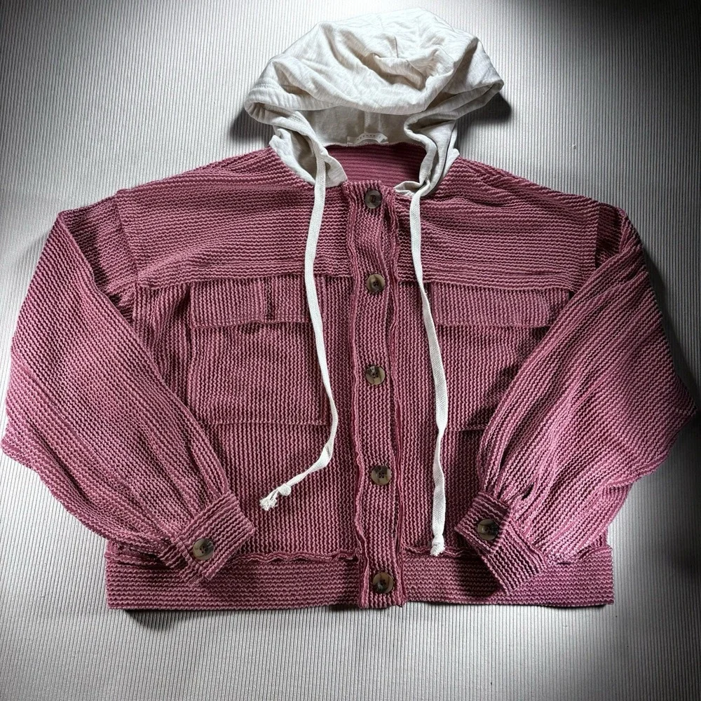 Reborn J PinkRibbed Knit  Button Up‎ Jacket W/ Contrast Hood M Soft Warm Pockets